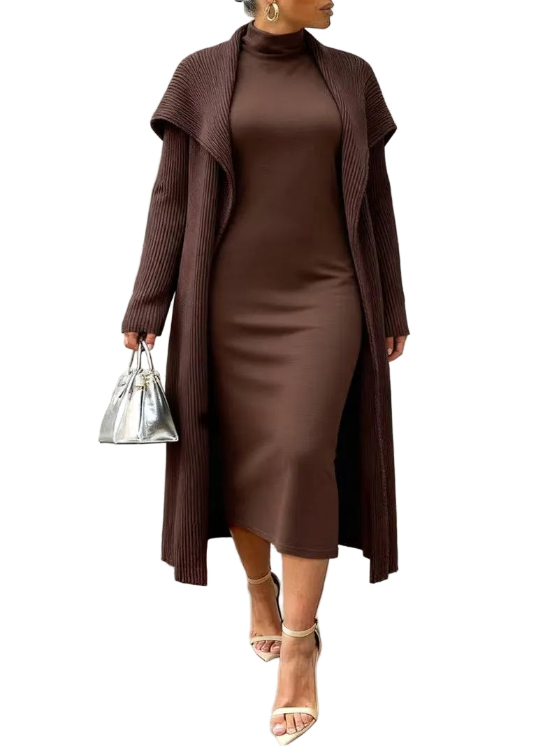 Women's Two-Piece Set Dress with Ribbed Cardigan