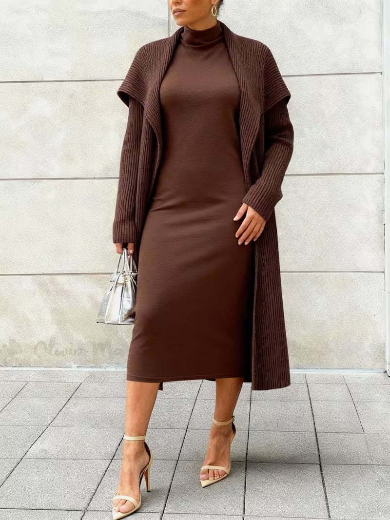Women's Two-Piece Set Dress with Ribbed Cardigan